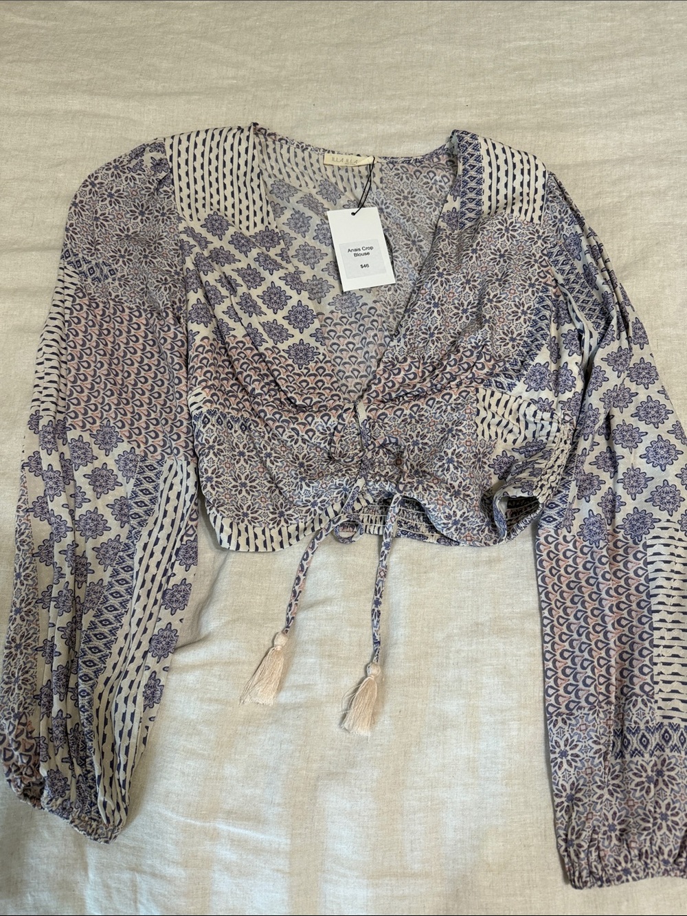 ILLA ILLA Lavender and Cream Printed Tie-Front Crop Top